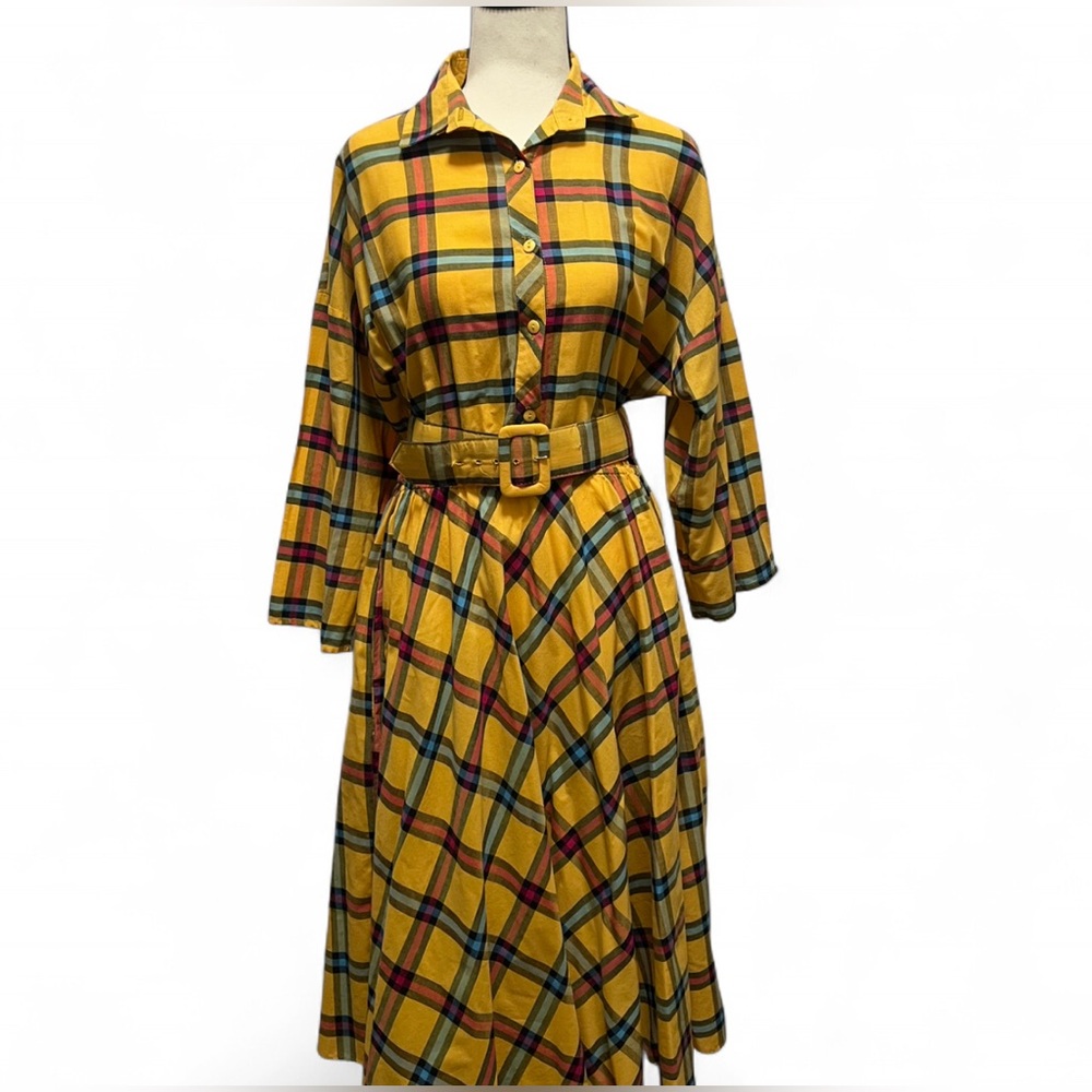Retro Yellow Plaid Dress Women’s Medium Belted Collared Button Front Vintage